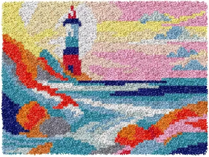 GLAECYY Latch Hook Kits Rug Crochet Yarn Kit Cushion Colour Pre-Printed Canvas Rug Needlework DIY Hook and Latch Kit (Seaside Lighthouse) - Image 1